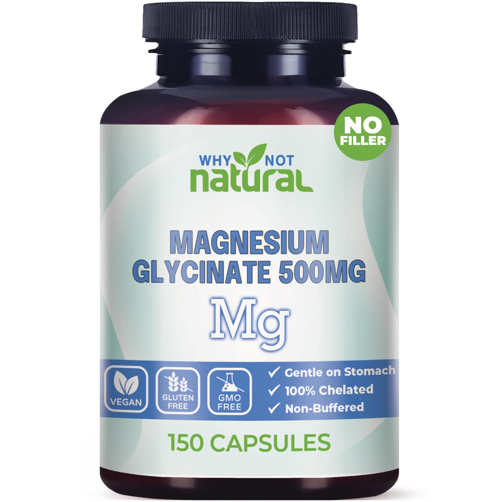 Why Not Natural Magnesium Glycinate 500 mg capsules bottle on white background