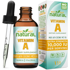 Front view of Why Not Natural Vitamin A Drops 1 oz bottle with dropper