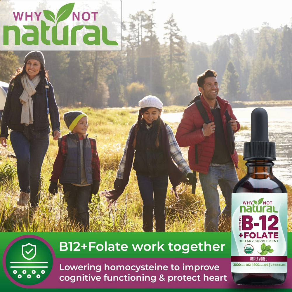 Close-up of organic B12 and folate liquid supplement packaging