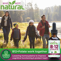 Close-up of organic B12 and folate liquid supplement packaging