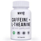 WHYZ caffeine pills bottle with L-Theanine offers steady energy for focus.