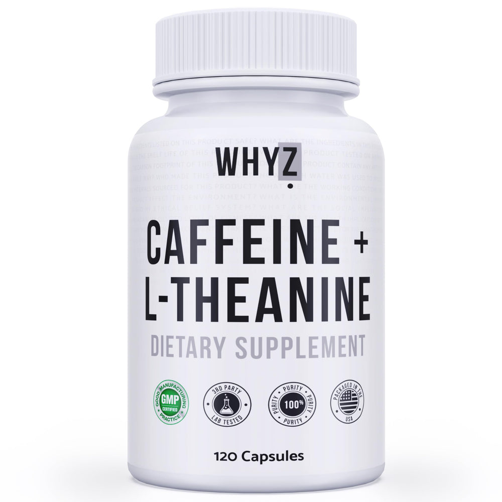 WHYZ caffeine pills bottle with L-Theanine offers steady energy for focus.