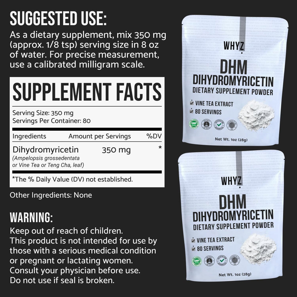 WHYZ DHM powder bottle label emphasizing plant-based wellness