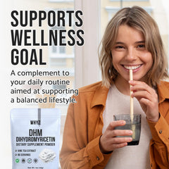 WHYZ DHM powder scoop beside container enabling easy daily dosing