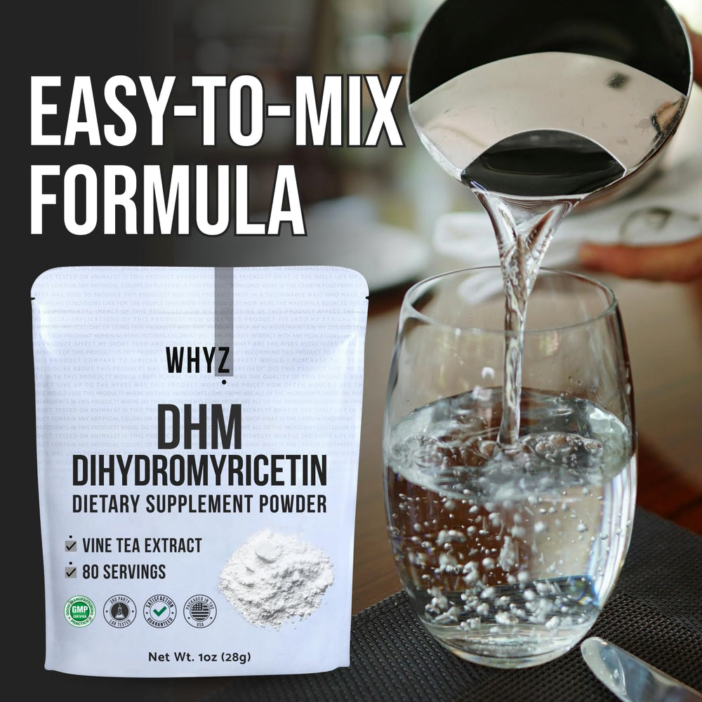 WHYZ Dihydromyricetin powder close-up showing fine texture and quality