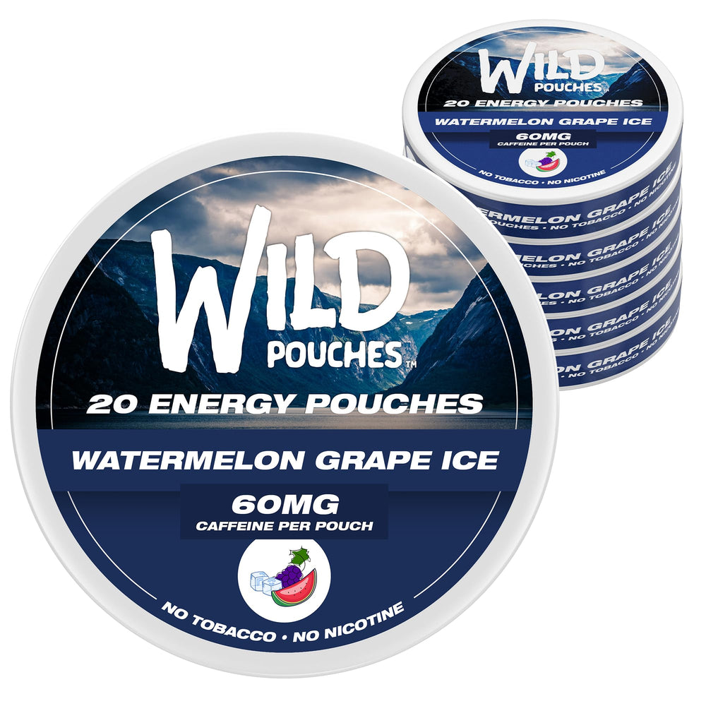 Front view of Wild 5 x 60mg Caffeine Pouches Can in Iced Watermelon Grape flavor