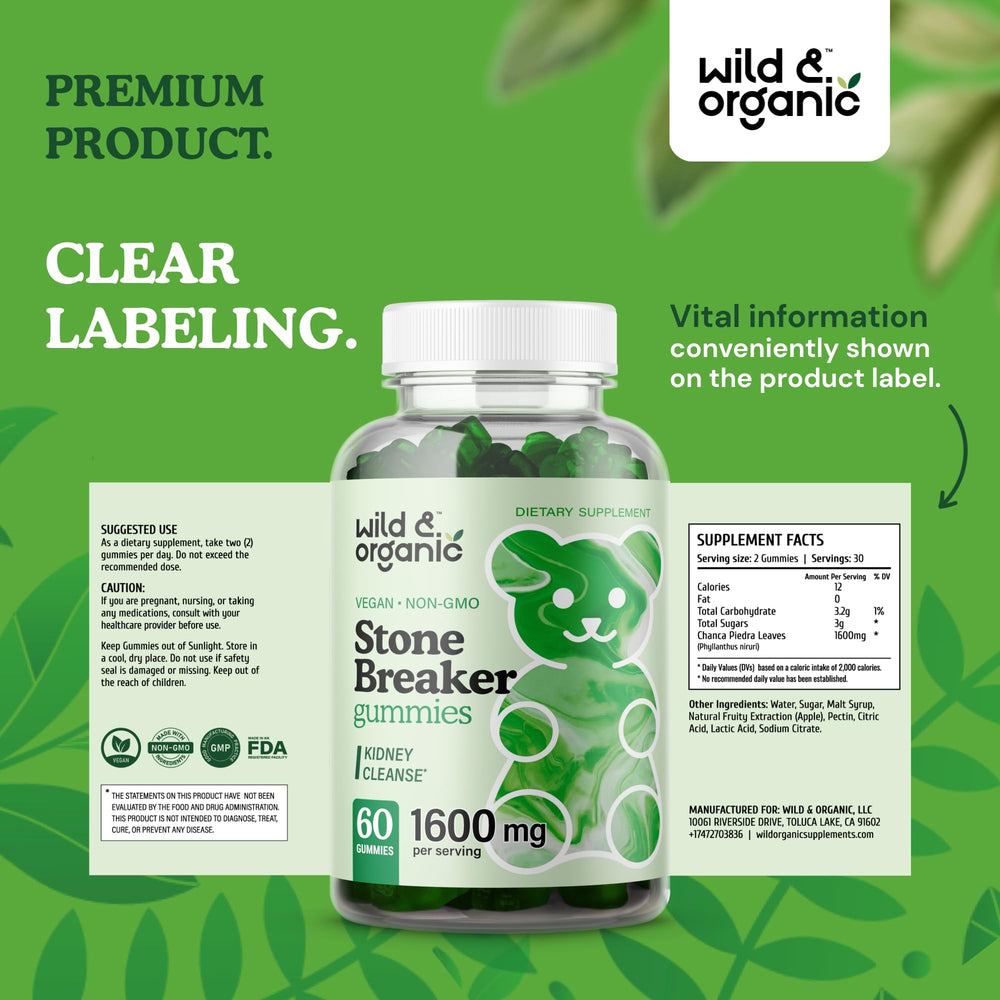 Wild & Organic Chanca Piedra gummies 60-count bottle for convenient kidney and gallbladder support.
