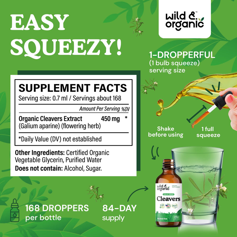 Wild & Organic Cleavers tincture bottle 4oz—long-lasting vegan, alcohol-free drops.