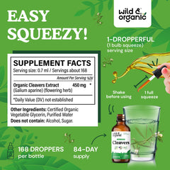 Wild & Organic Cleavers tincture bottle 4oz—long-lasting vegan, alcohol-free drops.