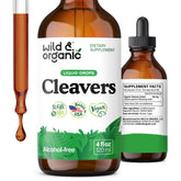 Wild & Organic Cleavers tincture bottle closeup for vegan detox support and easy daily use.