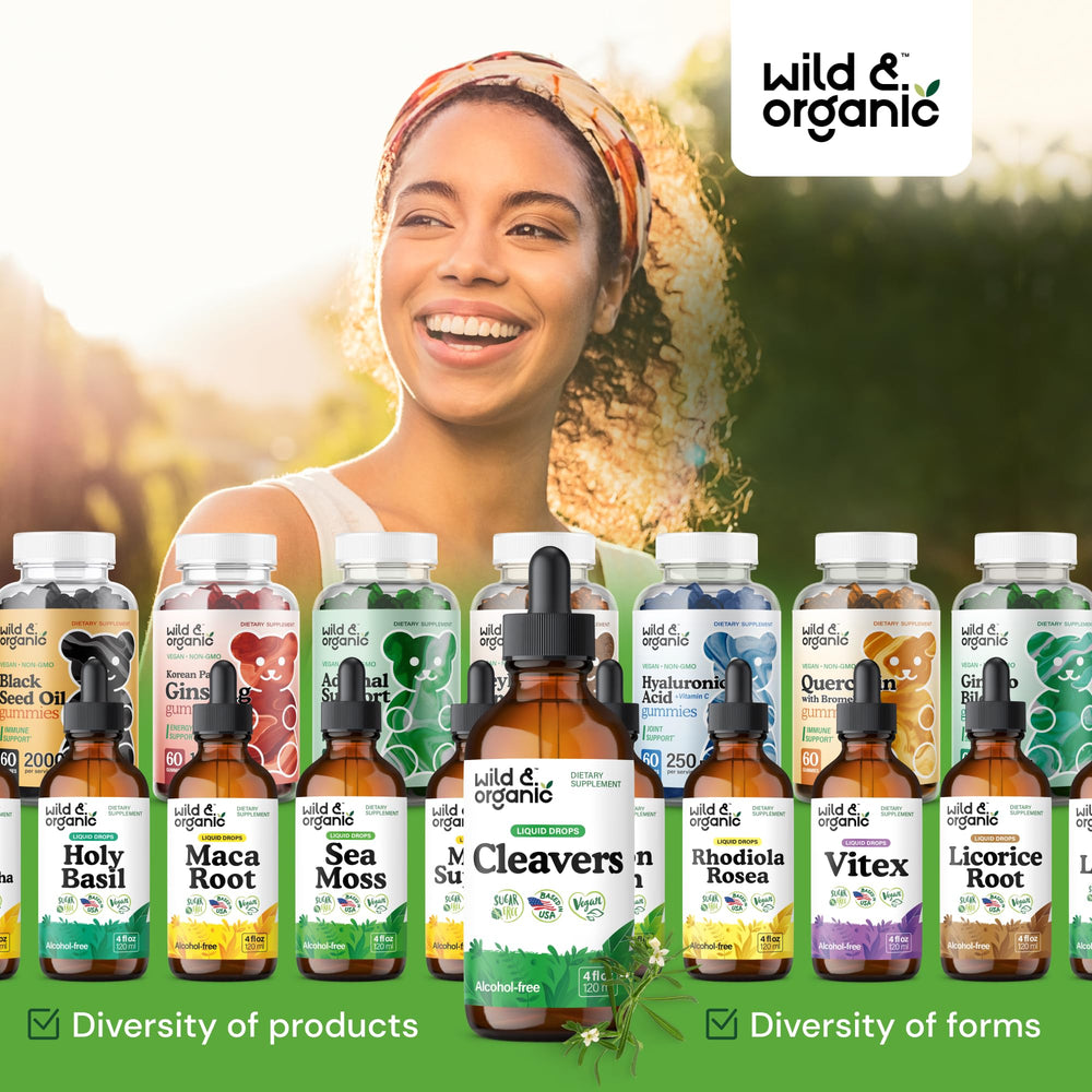 Wild & Organic Cleavers tincture bottle with label—clear vegan, glycerin-based drops.