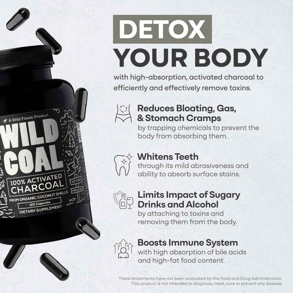 Wild Coal Activated Charcoal Capsules label with 260 mg and 120 capsules per bottle