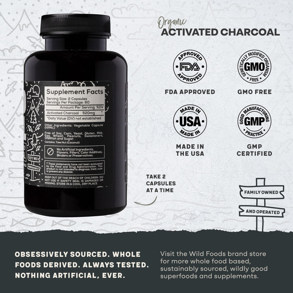 Close-up of activated charcoal capsules inside bottle