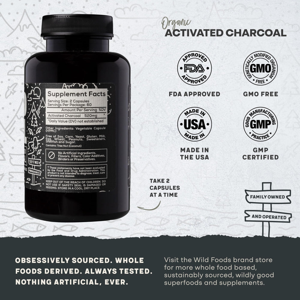 Product label highlighting 100% organic coconut shells and USA made