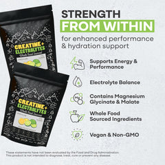 Ingredients panel showing 2.5 g creatine monohydrate, magnesium malate, potassium, pink salt