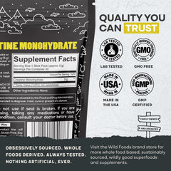 Back panel with nutrition facts and ingredients on Wild Foods Creatine Monohydrate packets