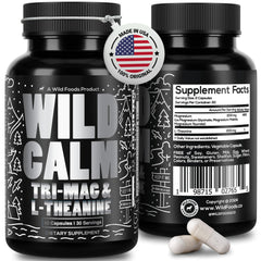 Front view of Wild Foods Tri-Mag & L-Theanine bottle