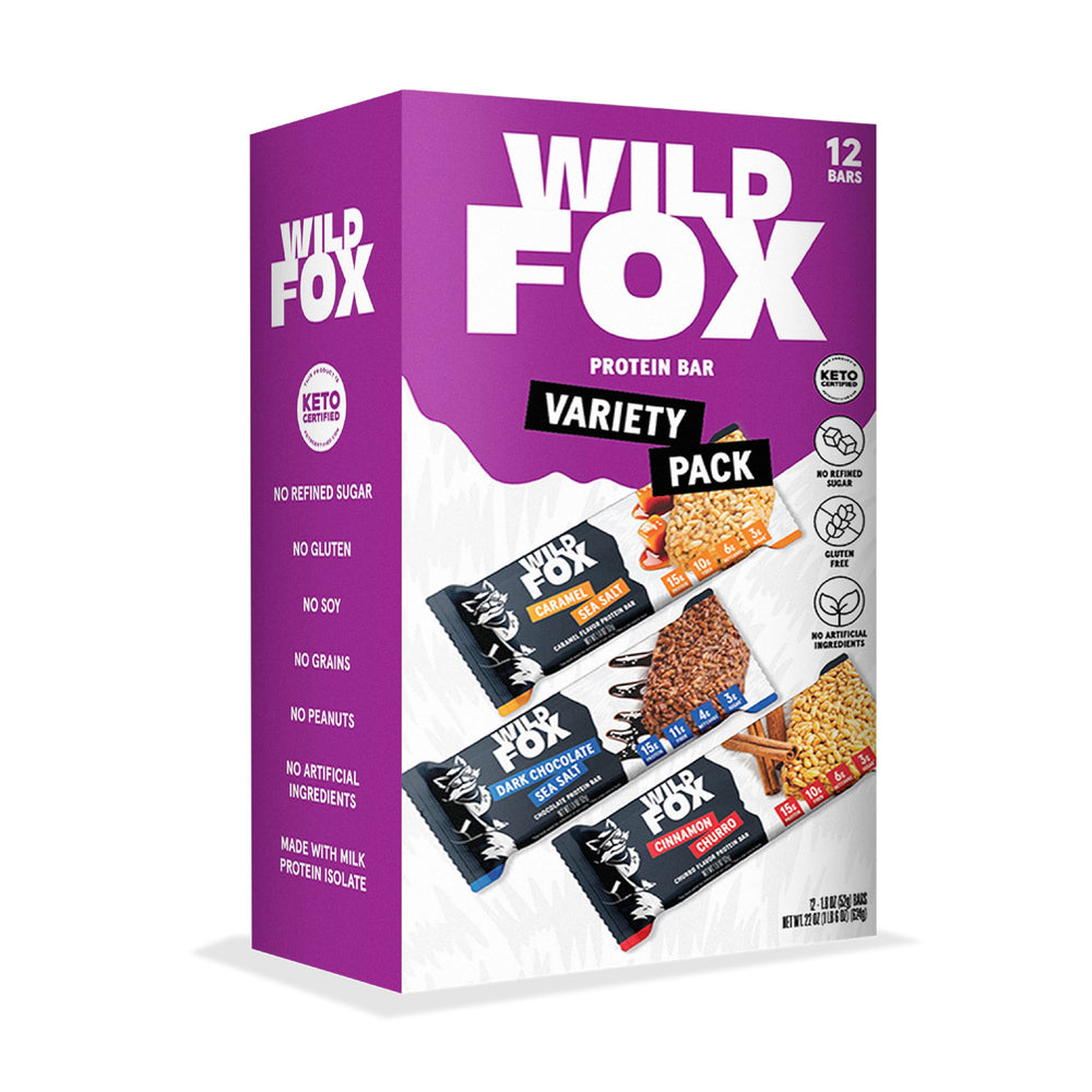 Wild Fox protein bars variety pack front shows keto-friendly snack options.