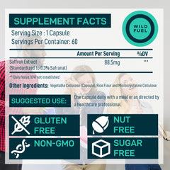 Wild Fuel saffron capsules closeup showing glossy pills for focus and daily energy