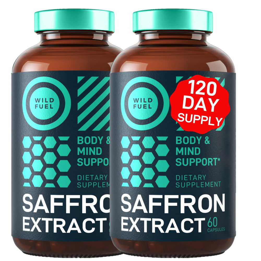 WILD FUEL saffron extract capsules promotional image highlighting eye health, energy and mood support