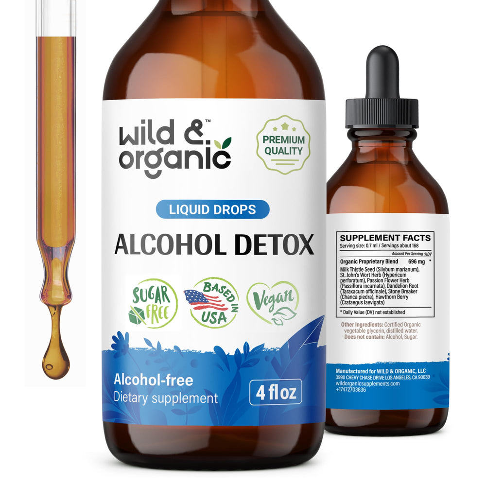 Bottle of Wild & Organic Alcohol Detox Drops with 4 oz label on white background