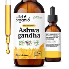 Bottle of Wild & Organic Ashwagandha Liquid Drops with dropper