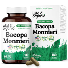 Bottle of Wild & Organic Bacopa Monnieri Capsules 600 mg for brain support