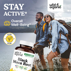Back label with product details on Wild & Organic Black Maca Root Capsules bottle
