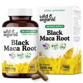 Front view of Wild & Organic Black Maca Root Capsules bottle showing 500 mg dosage
