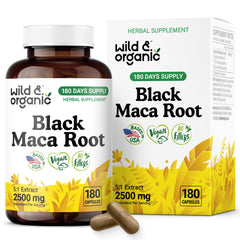 Front view of Wild & Organic Black Maca Root Capsules bottle showing 500 mg dosage