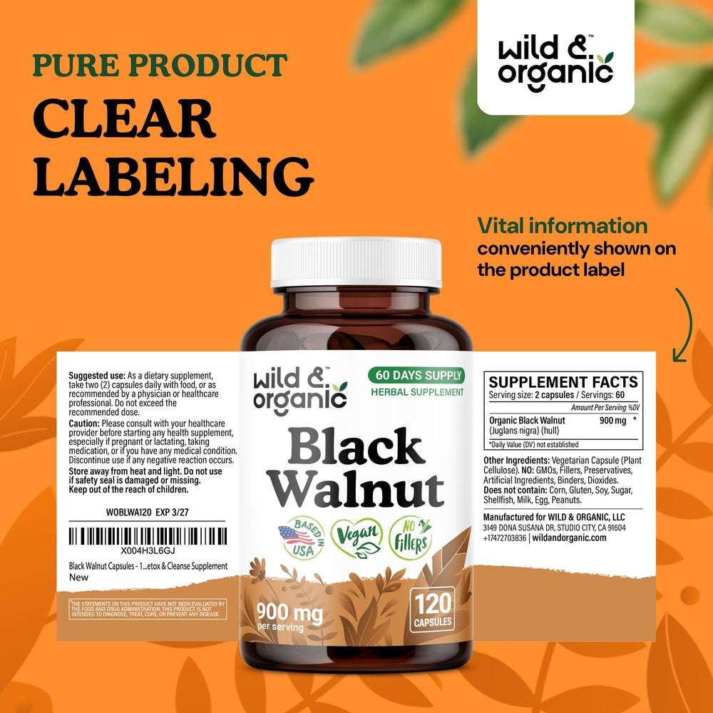 Packaging and bottle display of Wild & Organic Black Walnut Hull Capsules 120-count