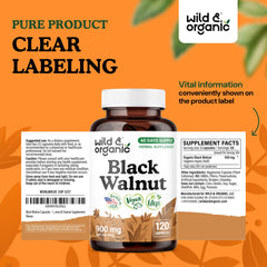 Packaging and bottle display of Wild & Organic Black Walnut Hull Capsules 120-count