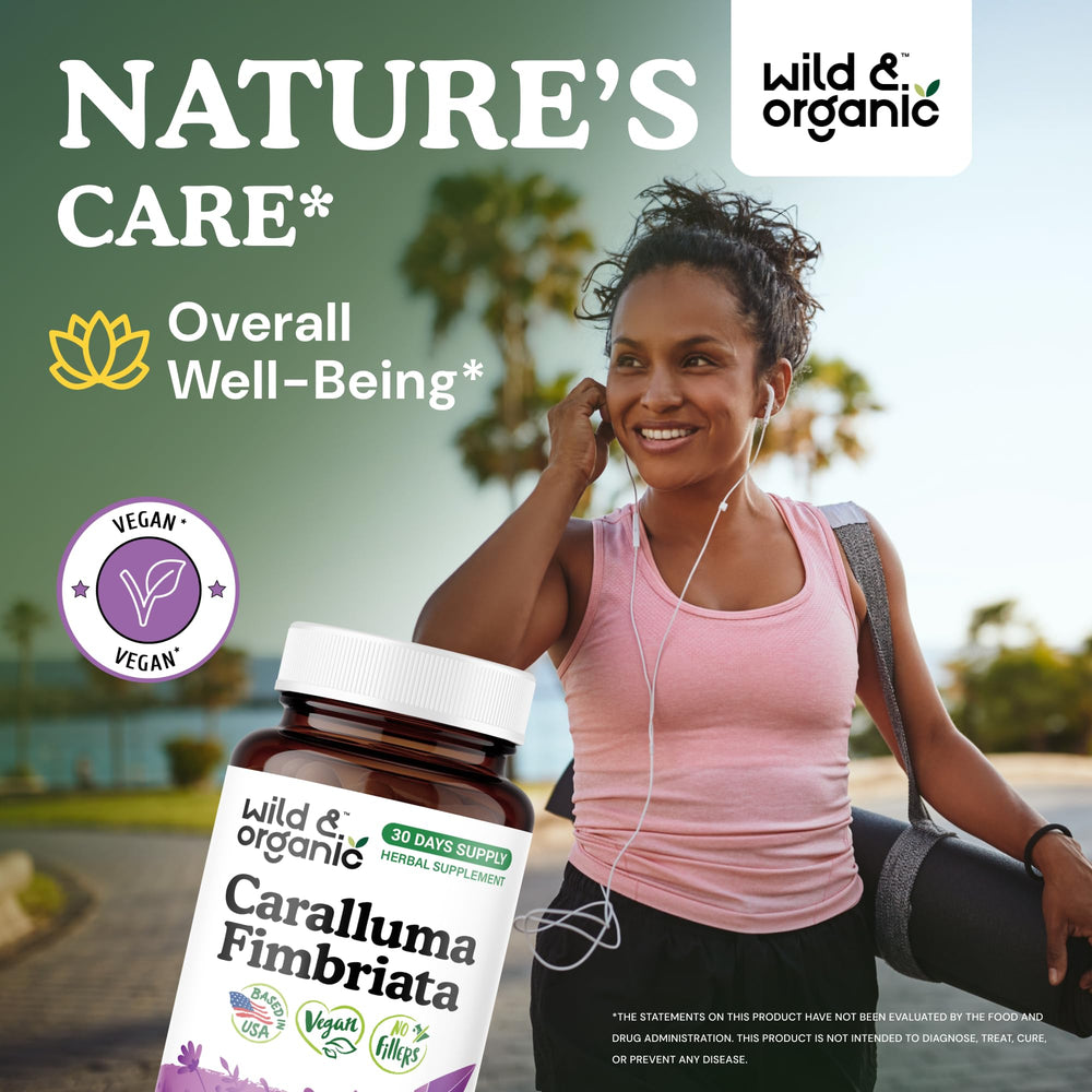 Front view of Wild & Organic Caralluma Fimbriata capsules bottle