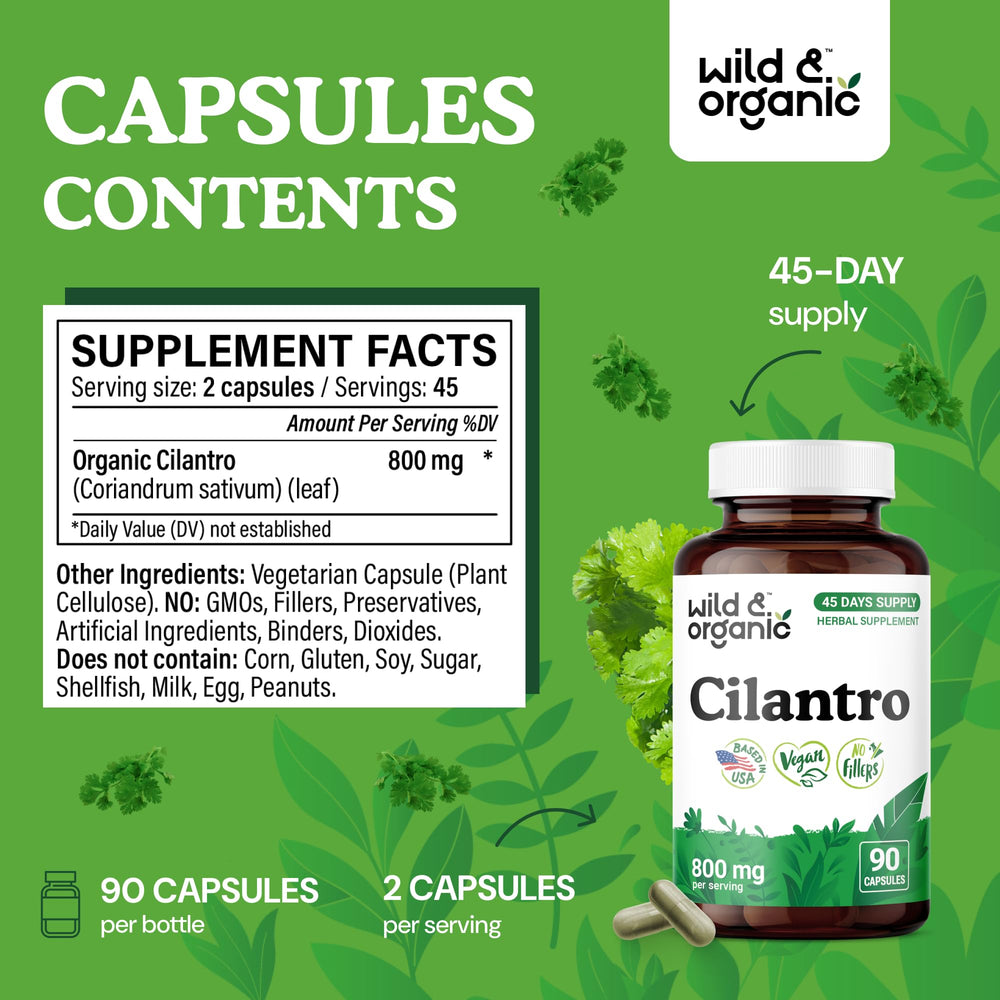 Wild and Organic cilantro capsules label closeup showing vegan, non-GMO formulation