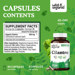 Wild and Organic cilantro capsules label closeup showing vegan, non-GMO formulation