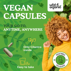 Wild and Organic cilantro capsules powder inside container highlighting antioxidant support