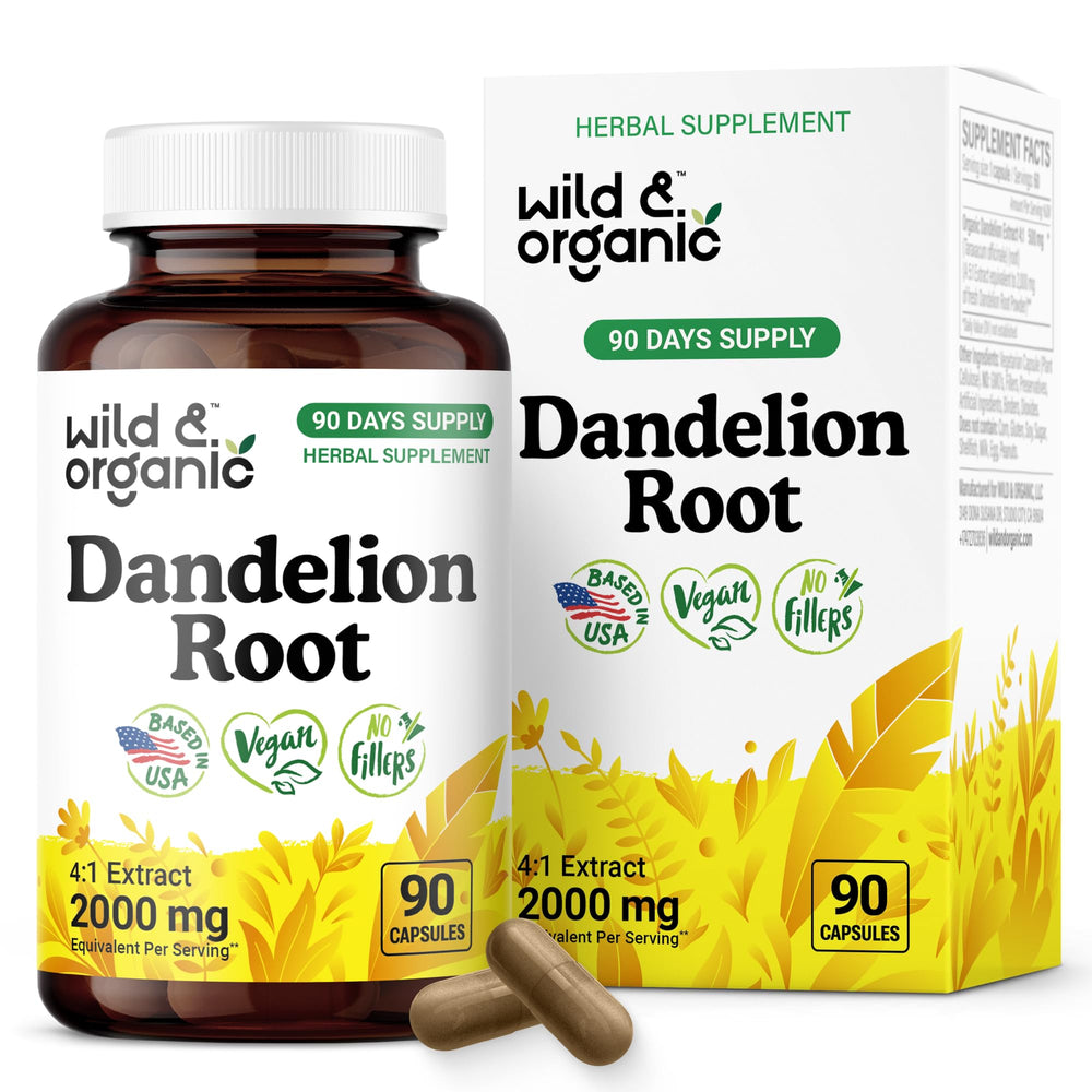 Wild & Organic Dandelion Root Capsules bottle on white background