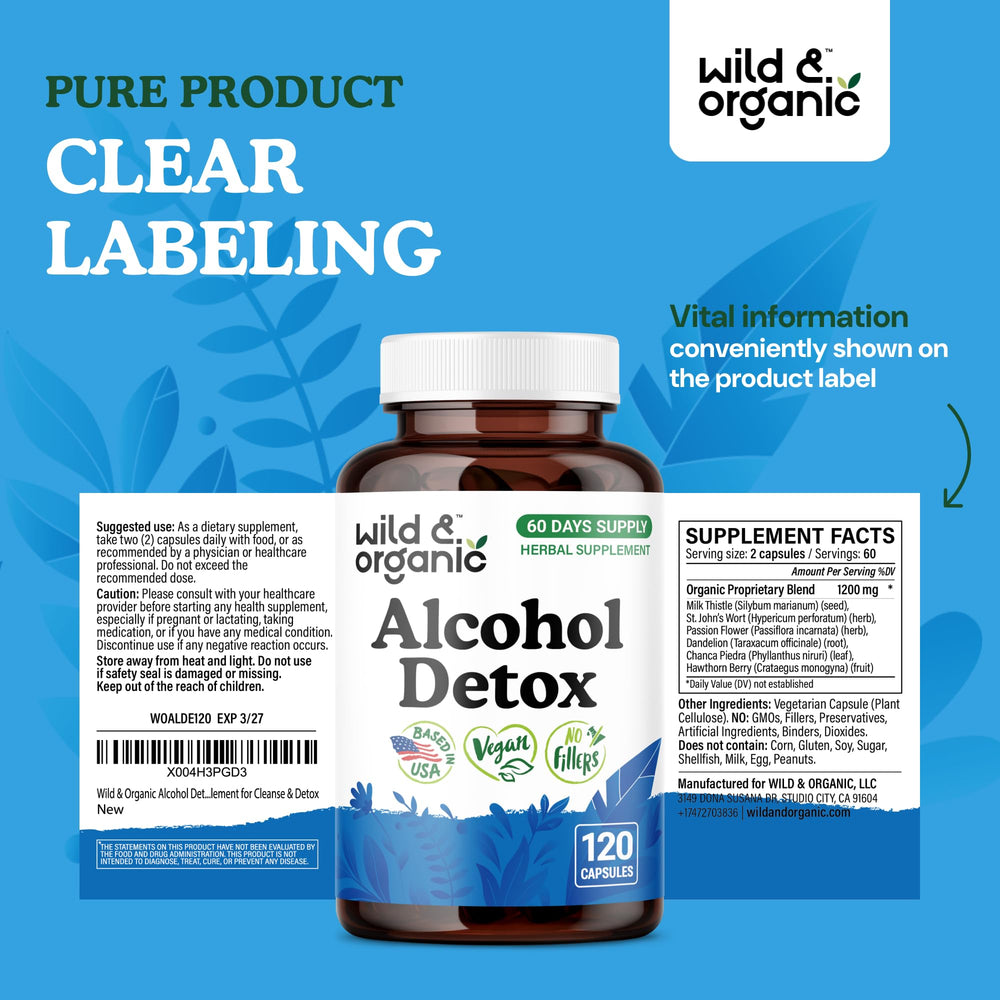 Product packaging showing Wild & Organic Alcohol Detox Capsules