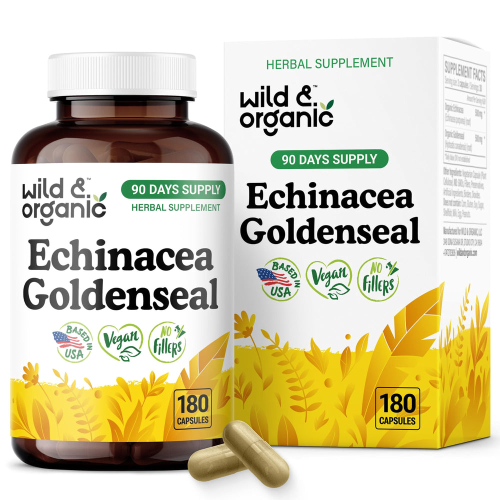 Front view of Wild & Organic Echinacea Goldenseal capsules bottle