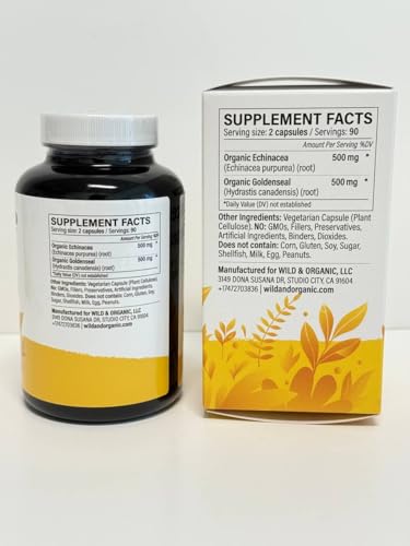 Close-up of Wild & Organic Echinacea Goldenseal capsules