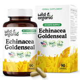 Front view of Wild & Organic Echinacea Goldenseal capsules bottle for immune and lung support (90-count).