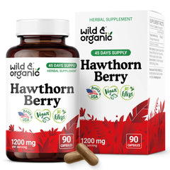 Front view of Wild & Organic Hawthorn Berry Capsules bottle, 90 capsules.