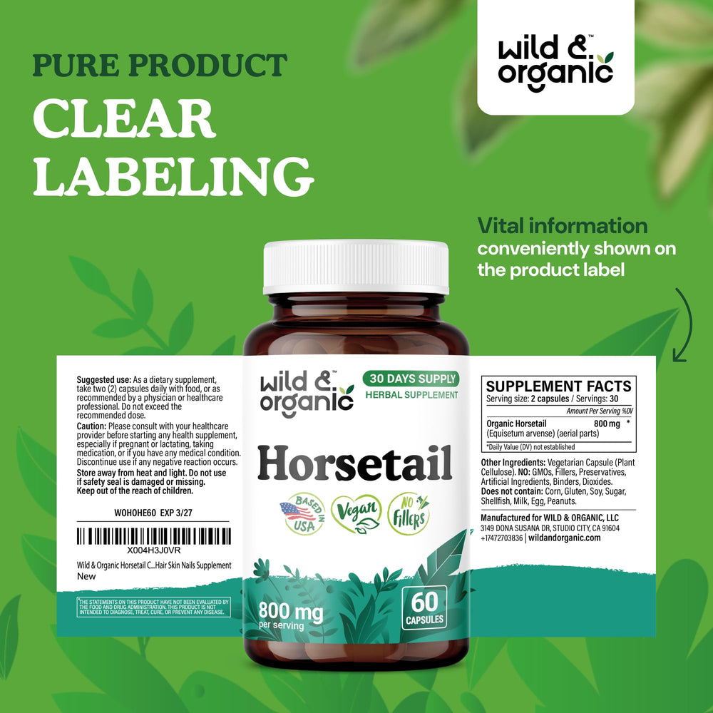 Brand packaging and product box for Wild & Organic Horsetail supplement