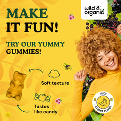 Banana-flavored vegan immune gummies close-up