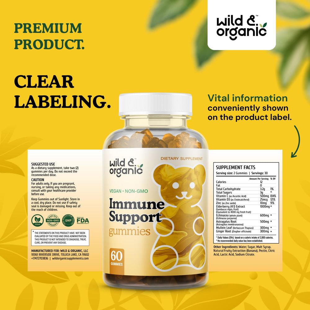 Vegan, non-GMO label on Wild & Organic Immune Gummies