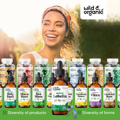Packaging and logo of Wild & Organic highlighting plant-based tincture