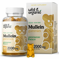 Wild & Organic Mullein Gummies for Lungs bottle label with 2000mg per gummy