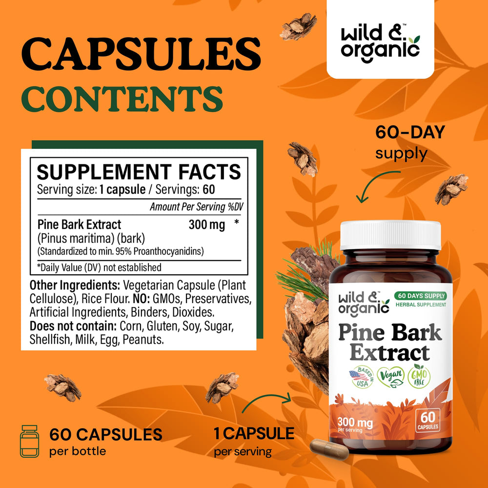 Front label of Wild & Organic Pine Bark Extract bottle