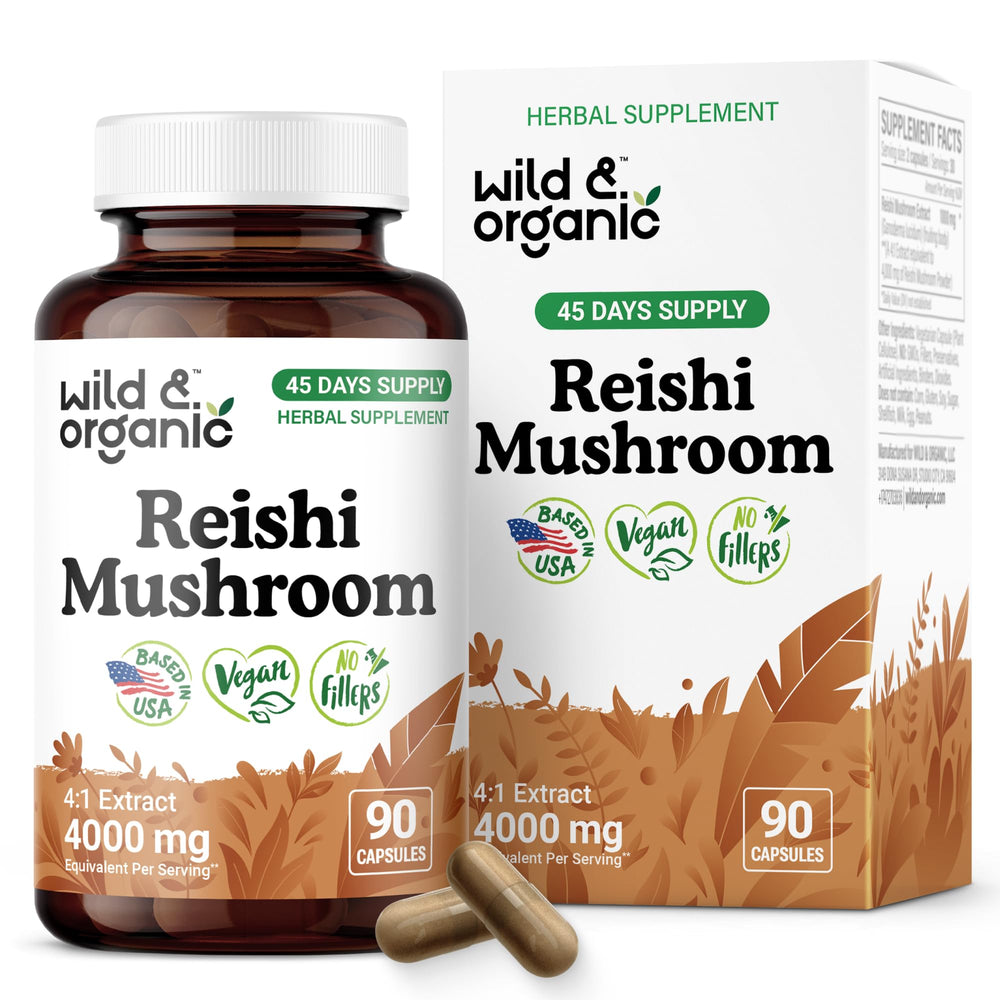 Wild & Organic Reishi Capsule bottle front showing 1000 mg per serving