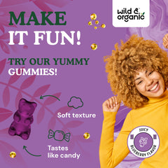 Back view of bottle showing 60 gummies and 30-day supply